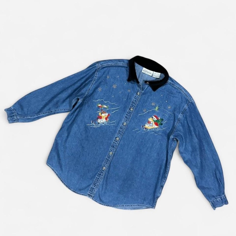 Basic Editions Holiday Snowman Denim Jean Shirt Womens Large Velvet Collar